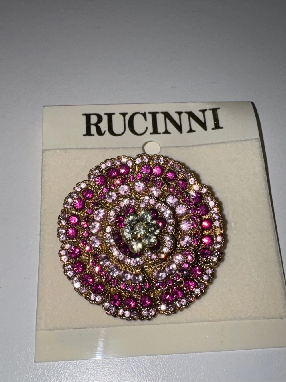 Rucinni Pink Crystal Rhinestone Floral Brooch – Gold Tone Statement Pin NWT